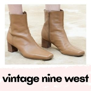 Vintage Square Toe Nude Leather Ankle Booties 7.5